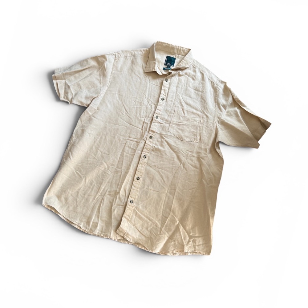 aLL A Little Larger Mens Beige Linen Cotton Short Sleeve Button Down Shirt Sz 1